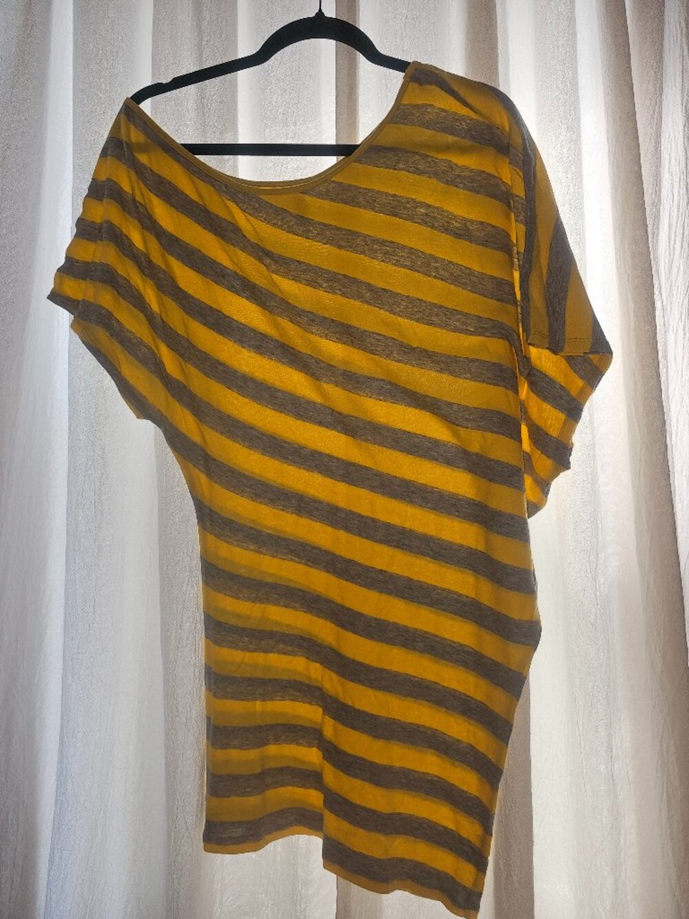 VS Tee Shop Mustard Gray Striped Asymmetrical Dolman Top Medium